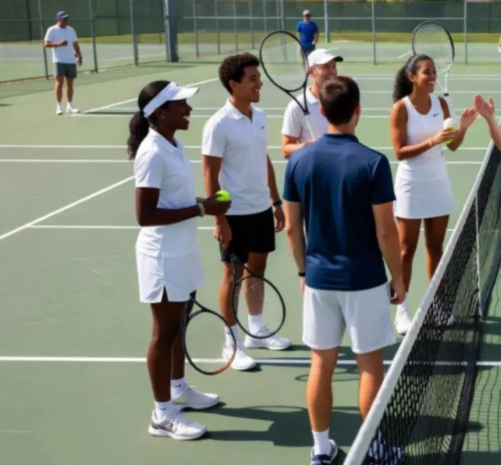 Communauté de joueurs de tennis réunis à côté d'un court