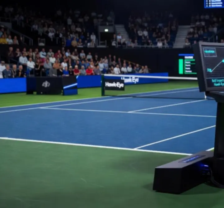 Arbitre de tennis utilisant la technologie vidéo pour vérifier une balle